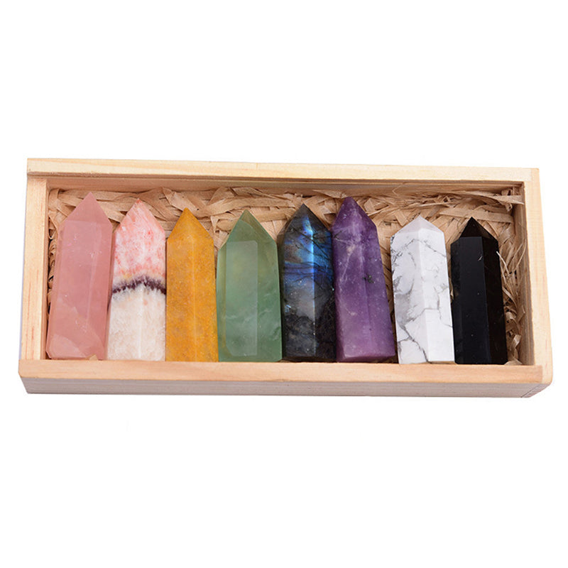 Natural Crystal Single Pointed Column Set with Eight-Colour Wooden Box – White & Pink Crystals