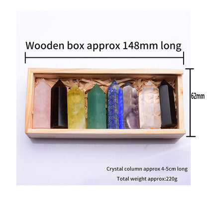 Natural Crystal Single Pointed Column Set with Eight-Colour Wooden Box – White & Pink Crystals