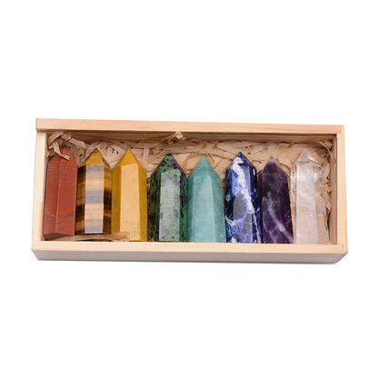 Natural Crystal Single Pointed Column Set with Eight-Colour Wooden Box – White & Pink Crystals