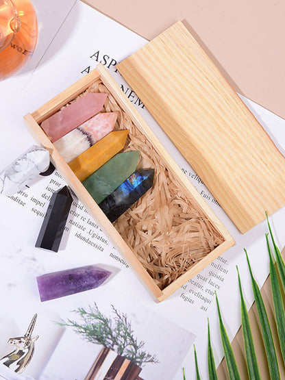 Natural Crystal Single Pointed Column Set with Eight-Colour Wooden Box – White & Pink Crystals