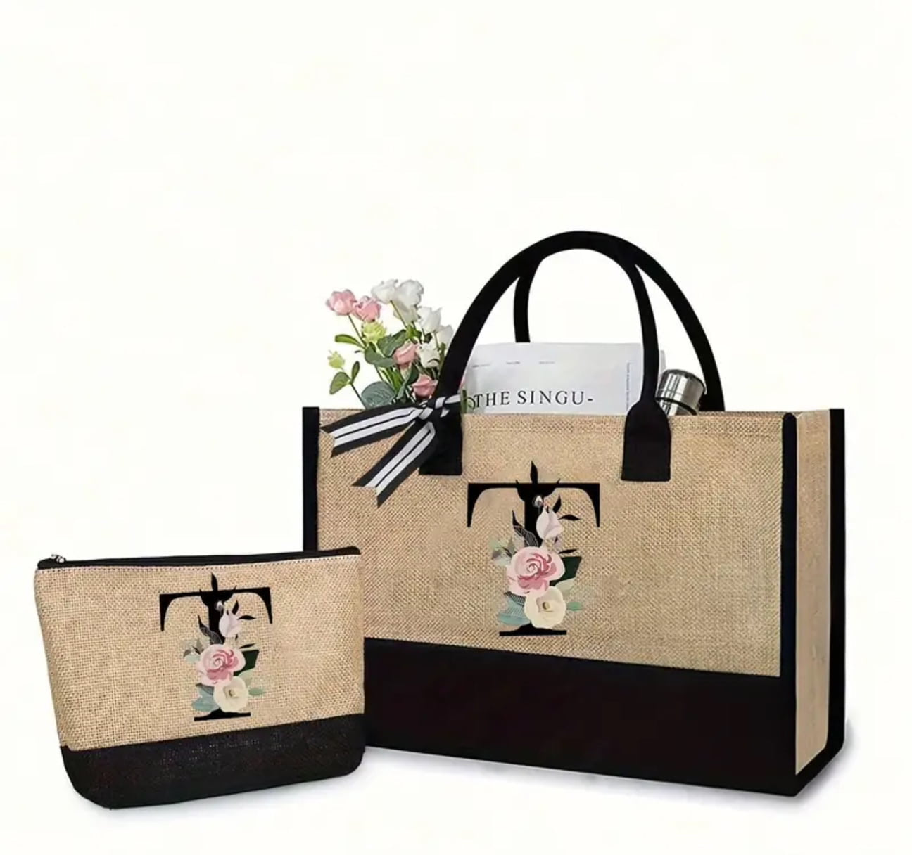 Monogrammed Canvas Tote & Make Up Bag Set