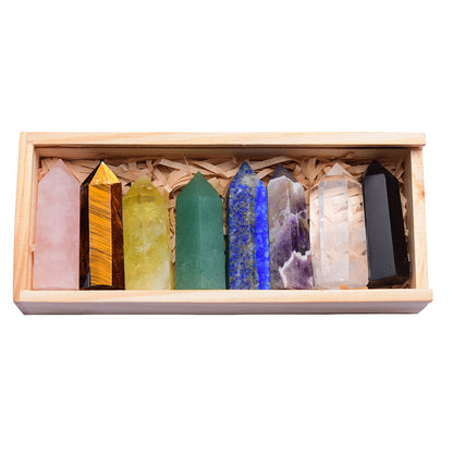 Natural Crystal Single Pointed Column Set with Eight-Colour Wooden Box – White & Pink Crystals