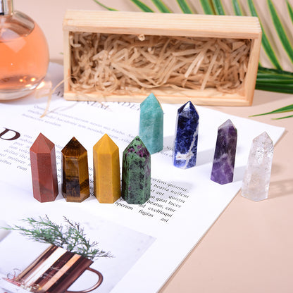 Natural Crystal Single Pointed Column Set with Eight-Colour Wooden Box – White & Pink Crystals