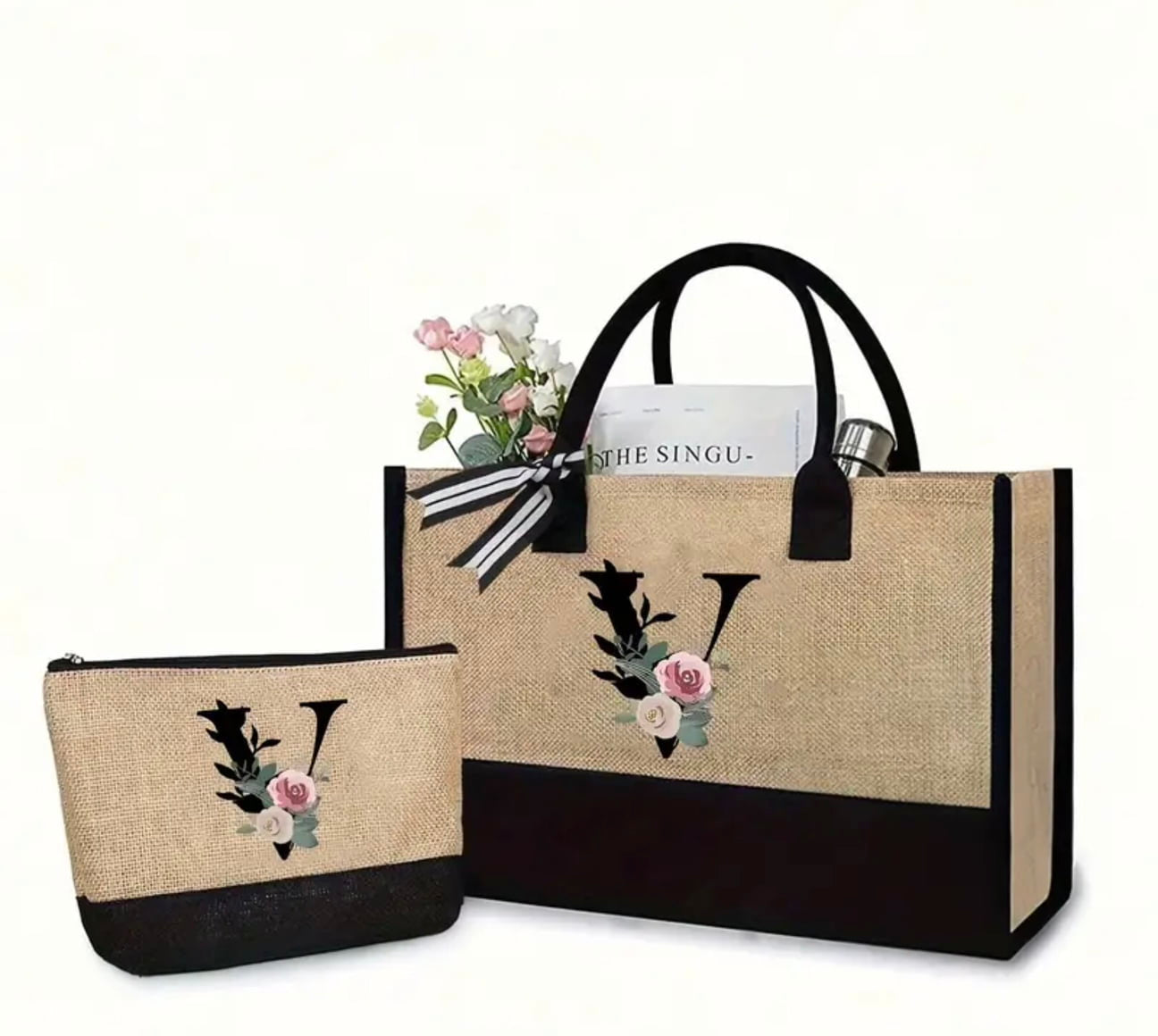 Monogrammed Canvas Tote & Make Up Bag Set