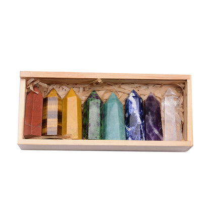 Natural Crystal Single Pointed Column Set with Eight-Colour Wooden Box – White & Pink Crystals