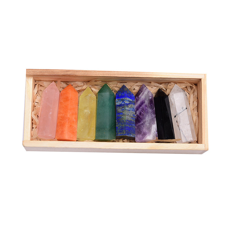 Natural Crystal Single Pointed Column Set with Eight-Colour Wooden Box – White & Pink Crystals