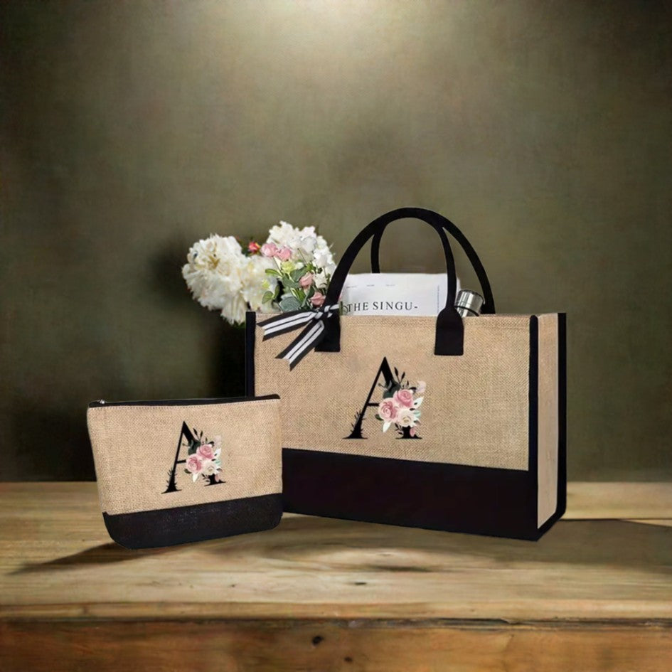 Monogrammed Canvas Tote & Make Up Bag Set